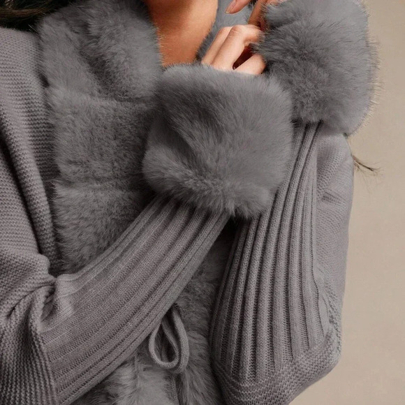 Dark Grey Casual Women's Elegant Faux Fur Knit Cardigan Sweater - Picture 2 of 8